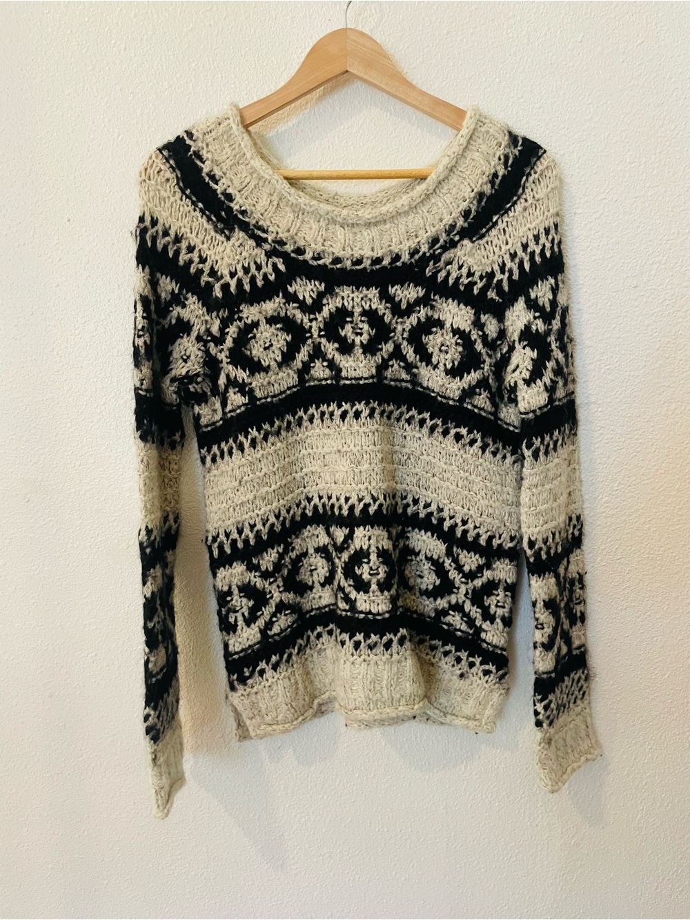 Free People Silver Reed Fair Isle Black & Cream Sweater Large